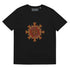 A black Xigfireon graphic organic cotton t-shirt featuring the Fire Colour iteration of the Morning Star Fire Celtic knot design. The Morning Star Fire Celtic knot represents our benevolent Father Sun.
