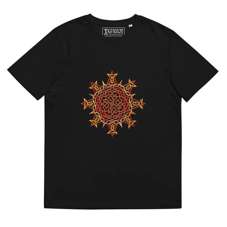 A black Xigfireon graphic organic cotton t-shirt featuring the Fire Colour iteration of the Morning Star Fire Celtic knot design. The Morning Star Fire Celtic knot represents our benevolent Father Sun.