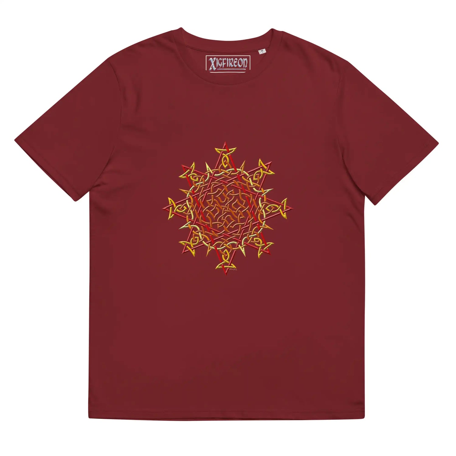 A burgundy Xigfireon graphic organic cotton t-shirt featuring the Fire Colour iteration of the Morning Star Fire Celtic knot design. The Morning Star Fire Celtic knot represents our benevolent Father Sun.