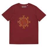 A burgundy Xigfireon graphic organic cotton t-shirt featuring the Fire Colour iteration of the Morning Star Fire Celtic knot design. The Morning Star Fire Celtic knot represents our benevolent Father Sun.