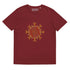 A burgundy Xigfireon graphic organic cotton t-shirt featuring the Fire Colour iteration of the Morning Star Fire Celtic knot design. The Morning Star Fire Celtic knot represents our benevolent Father Sun.