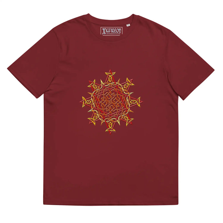 A burgundy Xigfireon graphic organic cotton t-shirt featuring the Fire Colour iteration of the Morning Star Fire Celtic knot design. The Morning Star Fire Celtic knot represents our benevolent Father Sun.