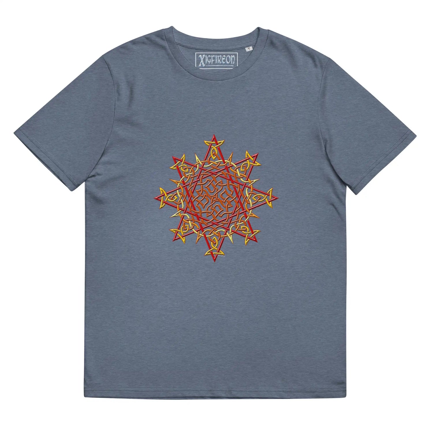A dark heather blue Xigfireon graphic organic cotton t-shirt featuring the Fire Colour iteration of the Morning Star Fire Celtic knot design. The Morning Star Fire Celtic knot represents our benevolent Father Sun.