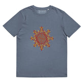A dark heather blue Xigfireon graphic organic cotton t-shirt featuring the Fire Colour iteration of the Morning Star Fire Celtic knot design. The Morning Star Fire Celtic knot represents our benevolent Father Sun.