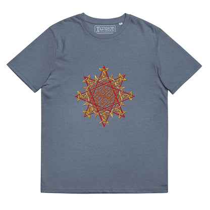 A dark heather blue Xigfireon graphic organic cotton t-shirt featuring the Fire Colour iteration of the Morning Star Fire Celtic knot design. The Morning Star Fire Celtic knot represents our benevolent Father Sun.