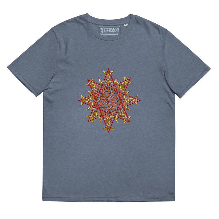 A dark heather blue Xigfireon graphic organic cotton t-shirt featuring the Fire Colour iteration of the Morning Star Fire Celtic knot design. The Morning Star Fire Celtic knot represents our benevolent Father Sun.