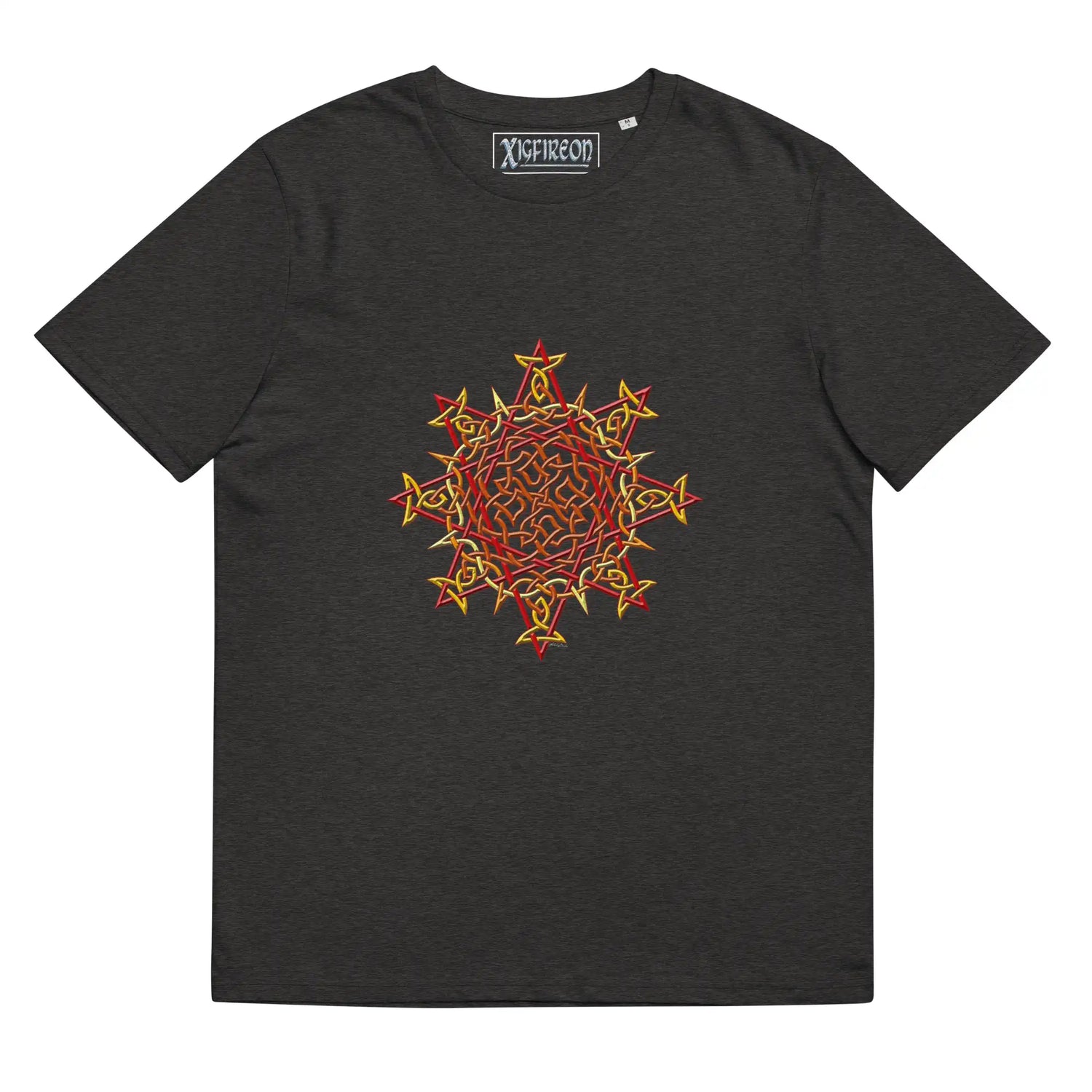 A dark heather grey Xigfireon graphic organic cotton t-shirt featuring the Fire Colour iteration of the Morning Star Fire Celtic knot design. The Morning Star Fire Celtic knot represents our benevolent Father Sun.