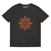 A dark heather grey Xigfireon graphic organic cotton t-shirt featuring the Fire Colour iteration of the Morning Star Fire Celtic knot design. The Morning Star Fire Celtic knot represents our benevolent Father Sun.