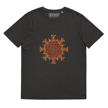 A dark heather grey Xigfireon graphic organic cotton t-shirt featuring the Fire Colour iteration of the Morning Star Fire Celtic knot design. The Morning Star Fire Celtic knot represents our benevolent Father Sun.