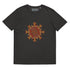 A dark heather grey Xigfireon graphic organic cotton t-shirt featuring the Fire Colour iteration of the Morning Star Fire Celtic knot design. The Morning Star Fire Celtic knot represents our benevolent Father Sun.