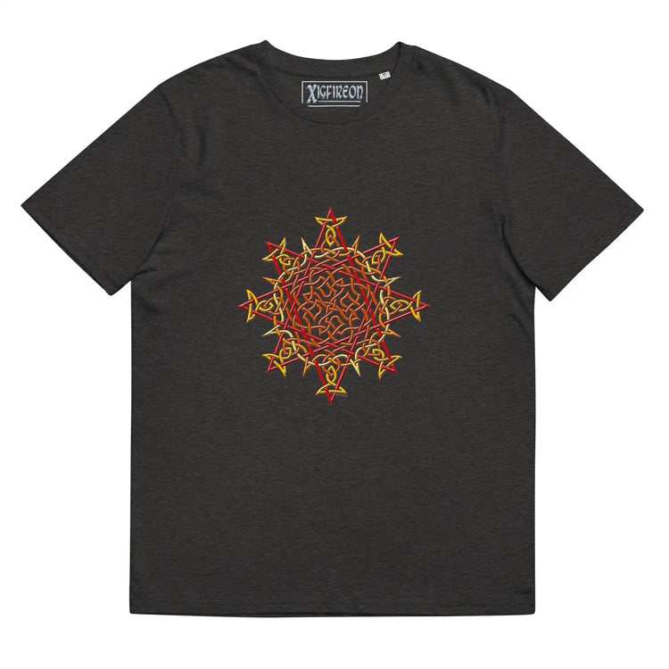 A dark heather grey Xigfireon graphic organic cotton t-shirt featuring the Fire Colour iteration of the Morning Star Fire Celtic knot design. The Morning Star Fire Celtic knot represents our benevolent Father Sun.