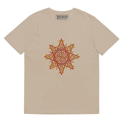 A desert dust Xigfireon graphic organic cotton t-shirt featuring the Fire Colour iteration of the Morning Star Fire Celtic knot design. The Morning Star Fire Celtic knot represents our benevolent Father Sun.
