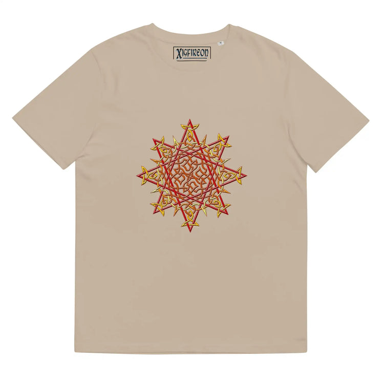 A desert dust Xigfireon graphic organic cotton t-shirt featuring the Fire Colour iteration of the Morning Star Fire Celtic knot design. The Morning Star Fire Celtic knot represents our benevolent Father Sun.