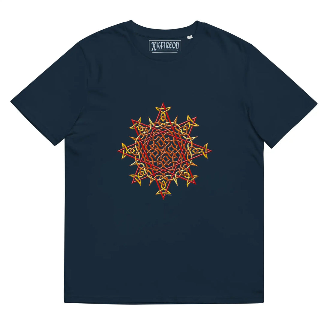 A French navy blue Xigfireon graphic organic cotton t-shirt featuring the Fire Colour iteration of the Morning Star Fire Celtic knot design. The Morning Star Fire Celtic knot represents our benevolent Father Sun.