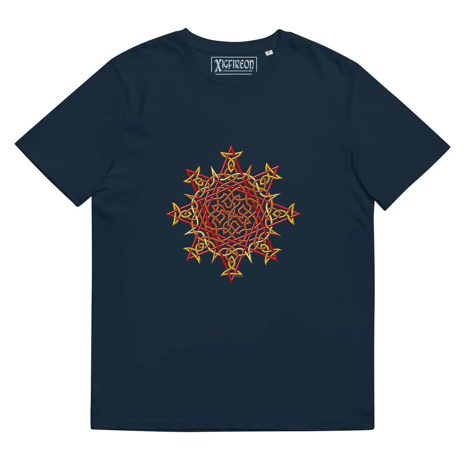 A French navy blue Xigfireon graphic organic cotton t-shirt featuring the Fire Colour iteration of the Morning Star Fire Celtic knot design. The Morning Star Fire Celtic knot represents our benevolent Father Sun.