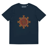 A French navy blue Xigfireon graphic organic cotton t-shirt featuring the Fire Colour iteration of the Morning Star Fire Celtic knot design. The Morning Star Fire Celtic knot represents our benevolent Father Sun.
