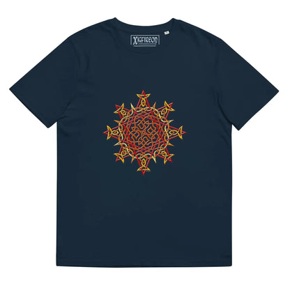 A French navy blue Xigfireon graphic organic cotton t-shirt featuring the Fire Colour iteration of the Morning Star Fire Celtic knot design. The Morning Star Fire Celtic knot represents our benevolent Father Sun.
