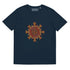 A French navy blue Xigfireon graphic organic cotton t-shirt featuring the Fire Colour iteration of the Morning Star Fire Celtic knot design. The Morning Star Fire Celtic knot represents our benevolent Father Sun.