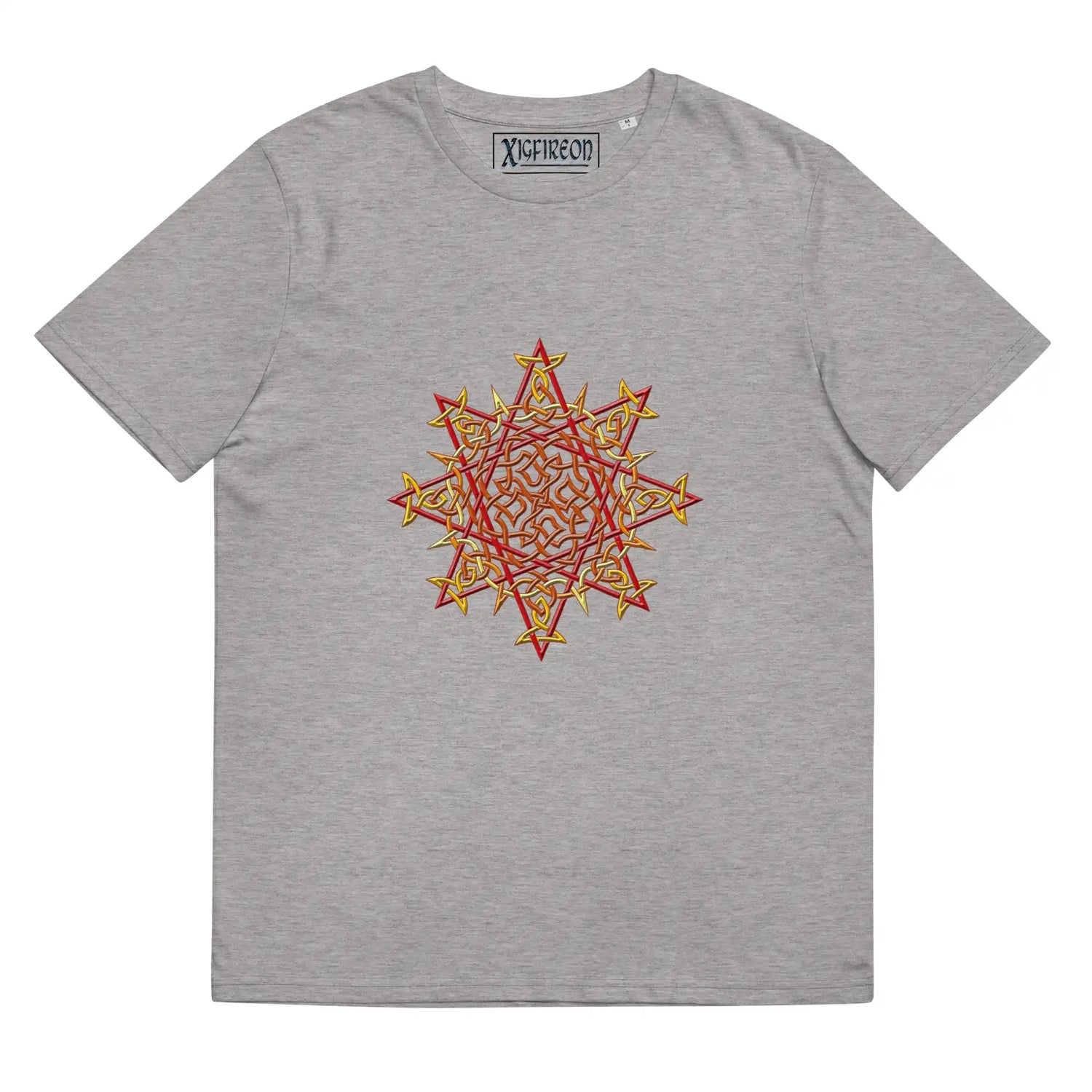 A heather grey Xigfireon graphic organic cotton t-shirt featuring the Fire Colour iteration of the Morning Star Fire Celtic knot design. The Morning Star Fire Celtic knot represents our benevolent Father Sun.