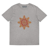 A heather grey Xigfireon graphic organic cotton t-shirt featuring the Fire Colour iteration of the Morning Star Fire Celtic knot design. The Morning Star Fire Celtic knot represents our benevolent Father Sun.