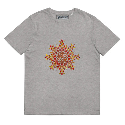 A heather grey Xigfireon graphic organic cotton t-shirt featuring the Fire Colour iteration of the Morning Star Fire Celtic knot design. The Morning Star Fire Celtic knot represents our benevolent Father Sun.