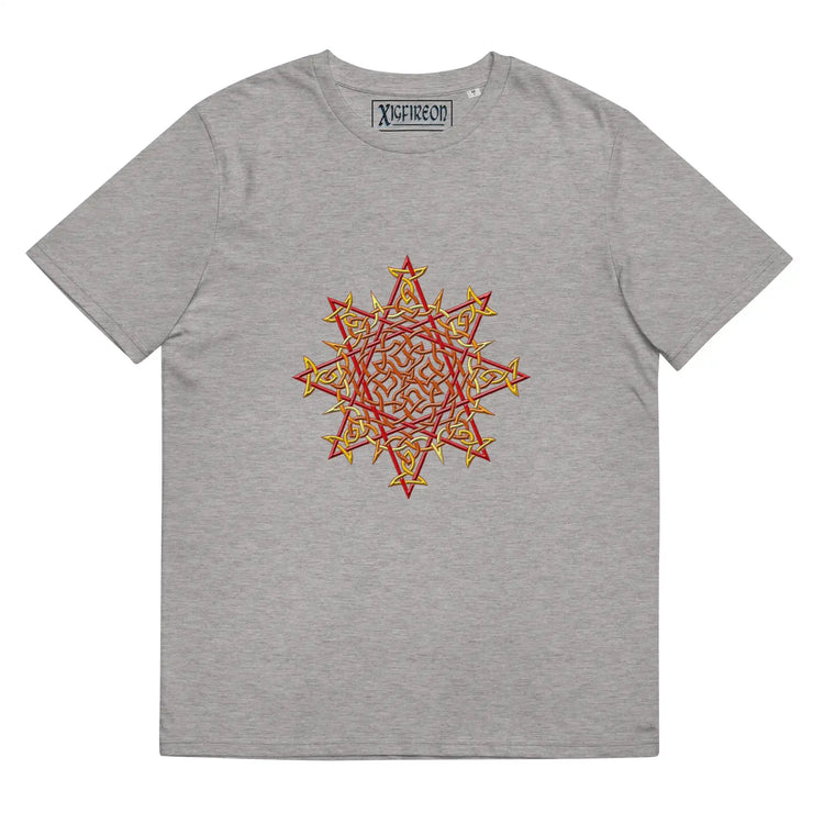 A heather grey Xigfireon graphic organic cotton t-shirt featuring the Fire Colour iteration of the Morning Star Fire Celtic knot design. The Morning Star Fire Celtic knot represents our benevolent Father Sun.