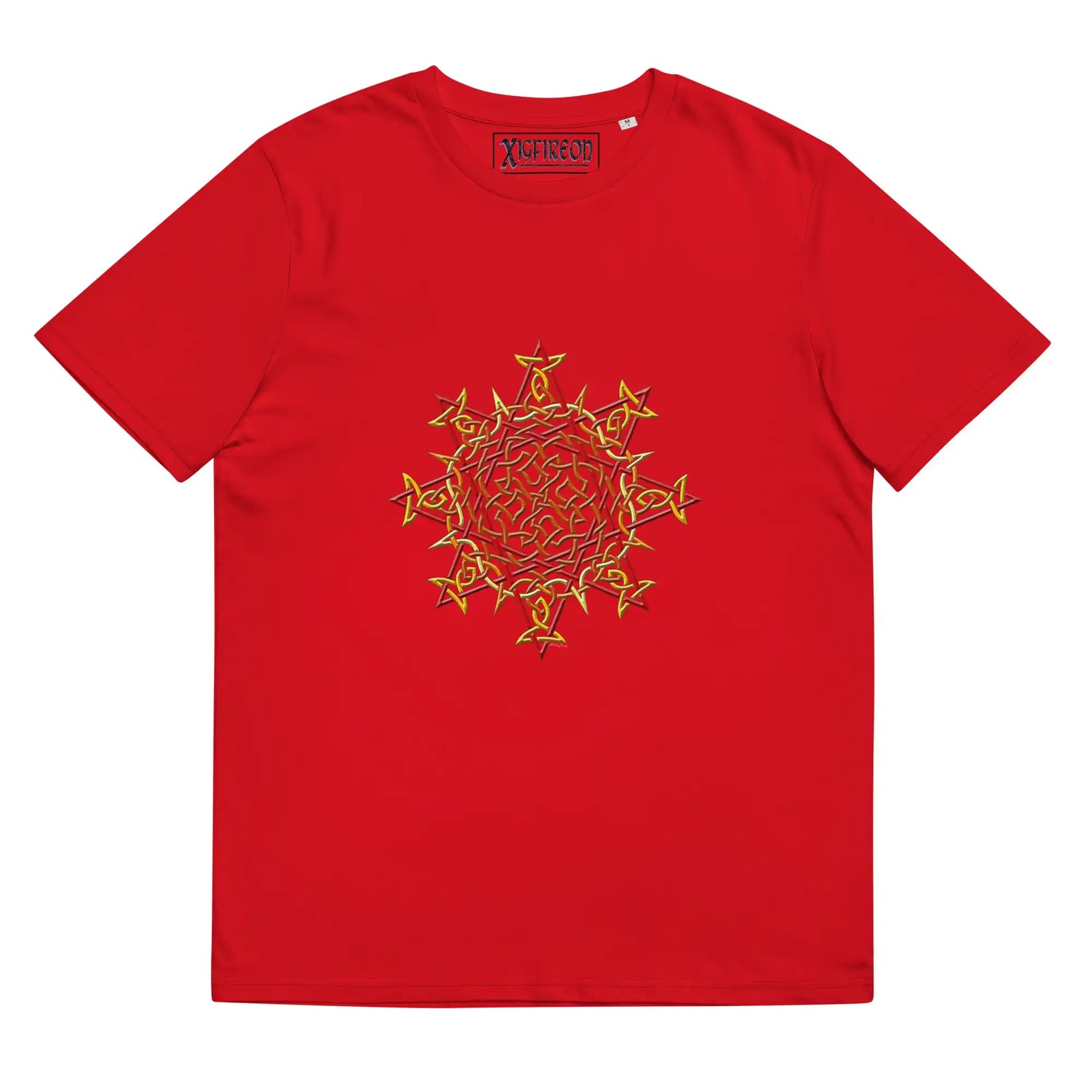 A red Xigfireon graphic organic cotton t-shirt featuring the Fire Colour iteration of the Morning Star Fire Celtic knot design. The Morning Star Fire Celtic knot represents our benevolent Father Sun.