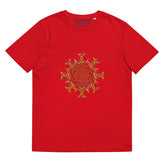 A red Xigfireon graphic organic cotton t-shirt featuring the Fire Colour iteration of the Morning Star Fire Celtic knot design. The Morning Star Fire Celtic knot represents our benevolent Father Sun.