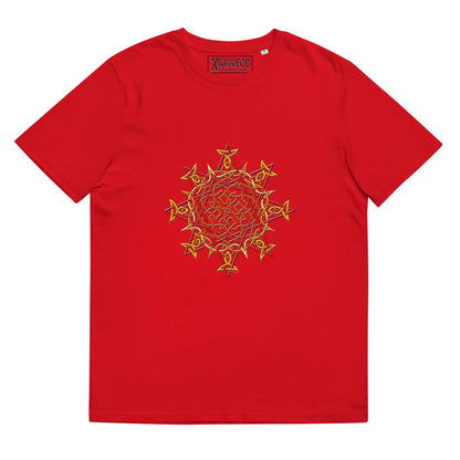 A red Xigfireon graphic organic cotton t-shirt featuring the Fire Colour iteration of the Morning Star Fire Celtic knot design. The Morning Star Fire Celtic knot represents our benevolent Father Sun.