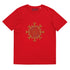 A red Xigfireon graphic organic cotton t-shirt featuring the Fire Colour iteration of the Morning Star Fire Celtic knot design. The Morning Star Fire Celtic knot represents our benevolent Father Sun.