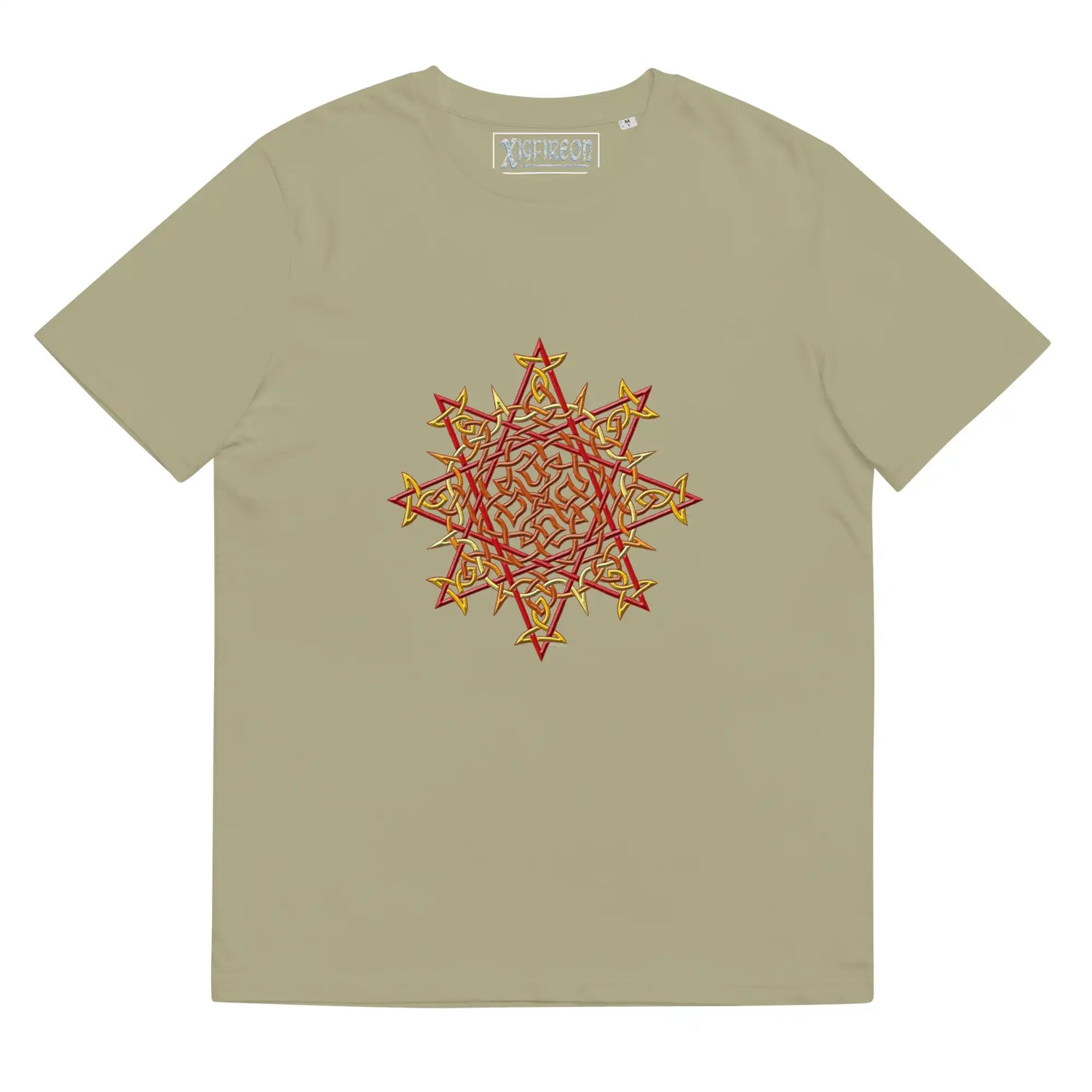 A sage Xigfireon graphic organic cotton t-shirt featuring the Fire Colour iteration of the Morning Star Fire Celtic knot design. The Morning Star Fire Celtic knot represents our benevolent Father Sun.