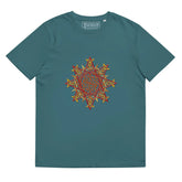 A stargazer Xigfireon graphic organic cotton t-shirt featuring the Fire Colour iteration of the Morning Star Fire Celtic knot design. The Morning Star Fire Celtic knot represents our benevolent Father Sun.