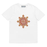 A white Xigfireon graphic organic cotton t-shirt featuring the Fire Colour iteration of the Morning Star Fire Celtic knot design. The Morning Star Fire Celtic knot represents our benevolent Father Sun.