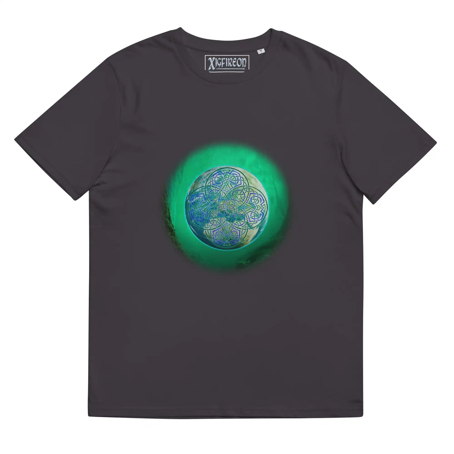 An anthracite white Xigfireon graphic organic cotton t-shirt featuring the Deep Forest iteration of the Reach Of The Spirit Celtic knot design. The Reach Of The Spirit Celtic knot represents the glorious Earth.