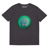 An anthracite white Xigfireon graphic organic cotton t-shirt featuring the Deep Forest iteration of the Reach Of The Spirit Celtic knot design. The Reach Of The Spirit Celtic knot represents the glorious Earth.