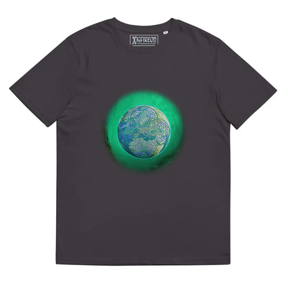 An anthracite white Xigfireon graphic organic cotton t-shirt featuring the Deep Forest iteration of the Reach Of The Spirit Celtic knot design. The Reach Of The Spirit Celtic knot represents the glorious Earth.
