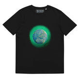 A black Xigfireon graphic organic cotton t-shirt featuring the Deep Forest iteration of the Reach Of The Spirit Celtic knot design. The Reach Of The Spirit Celtic knot represents the glorious Earth.