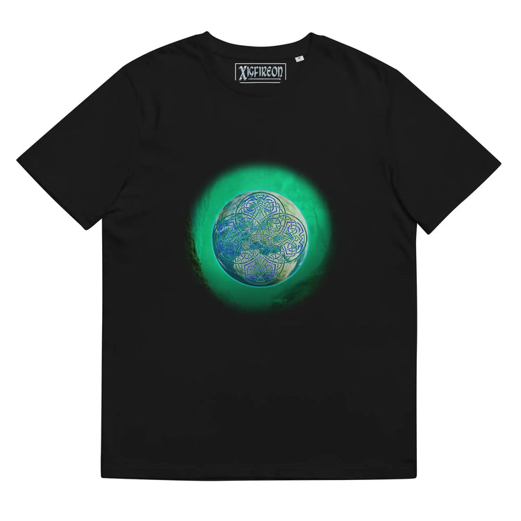 A black Xigfireon graphic organic cotton t-shirt featuring the Deep Forest iteration of the Reach Of The Spirit Celtic knot design. The Reach Of The Spirit Celtic knot represents the glorious Earth.