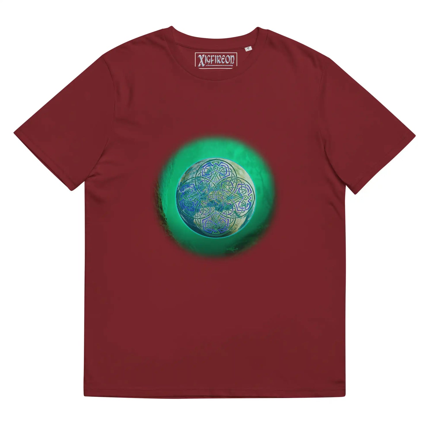 A burgundy Xigfireon graphic organic cotton t-shirt featuring the Deep Forest iteration of the Reach Of The Spirit Celtic knot design. The Reach Of The Spirit Celtic knot represents the glorious Earth.