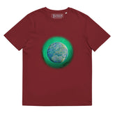A burgundy Xigfireon graphic organic cotton t-shirt featuring the Deep Forest iteration of the Reach Of The Spirit Celtic knot design. The Reach Of The Spirit Celtic knot represents the glorious Earth.