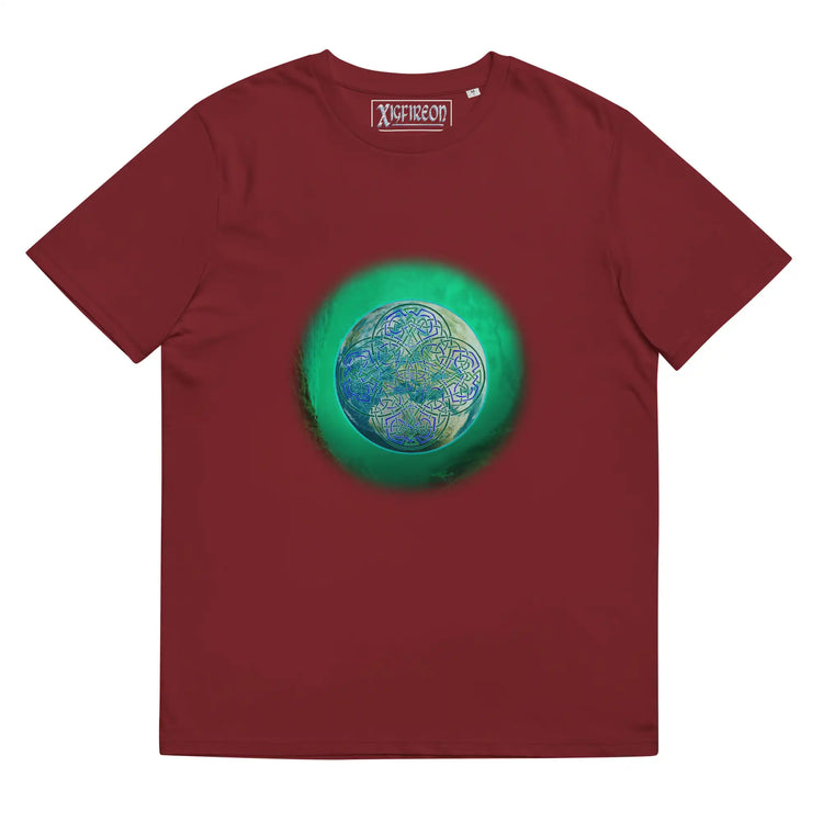A burgundy Xigfireon graphic organic cotton t-shirt featuring the Deep Forest iteration of the Reach Of The Spirit Celtic knot design. The Reach Of The Spirit Celtic knot represents the glorious Earth.