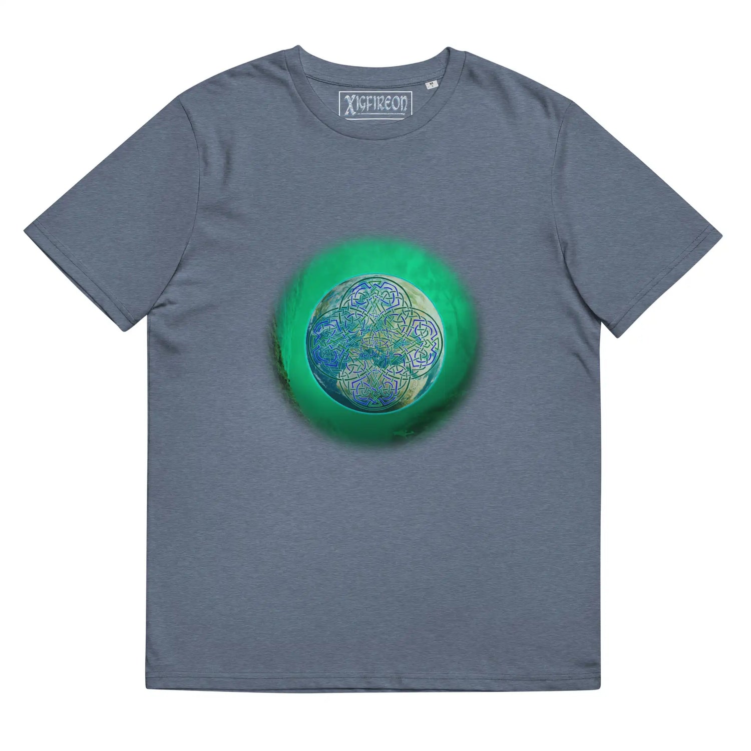 A dark heather blue Xigfireon graphic organic cotton t-shirt featuring the Deep Forest iteration of the Reach Of The Spirit Celtic knot design. The Reach Of The Spirit Celtic knot represents the glorious Earth.