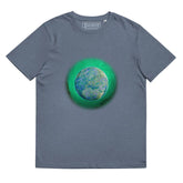 A dark heather blue Xigfireon graphic organic cotton t-shirt featuring the Deep Forest iteration of the Reach Of The Spirit Celtic knot design. The Reach Of The Spirit Celtic knot represents the glorious Earth.