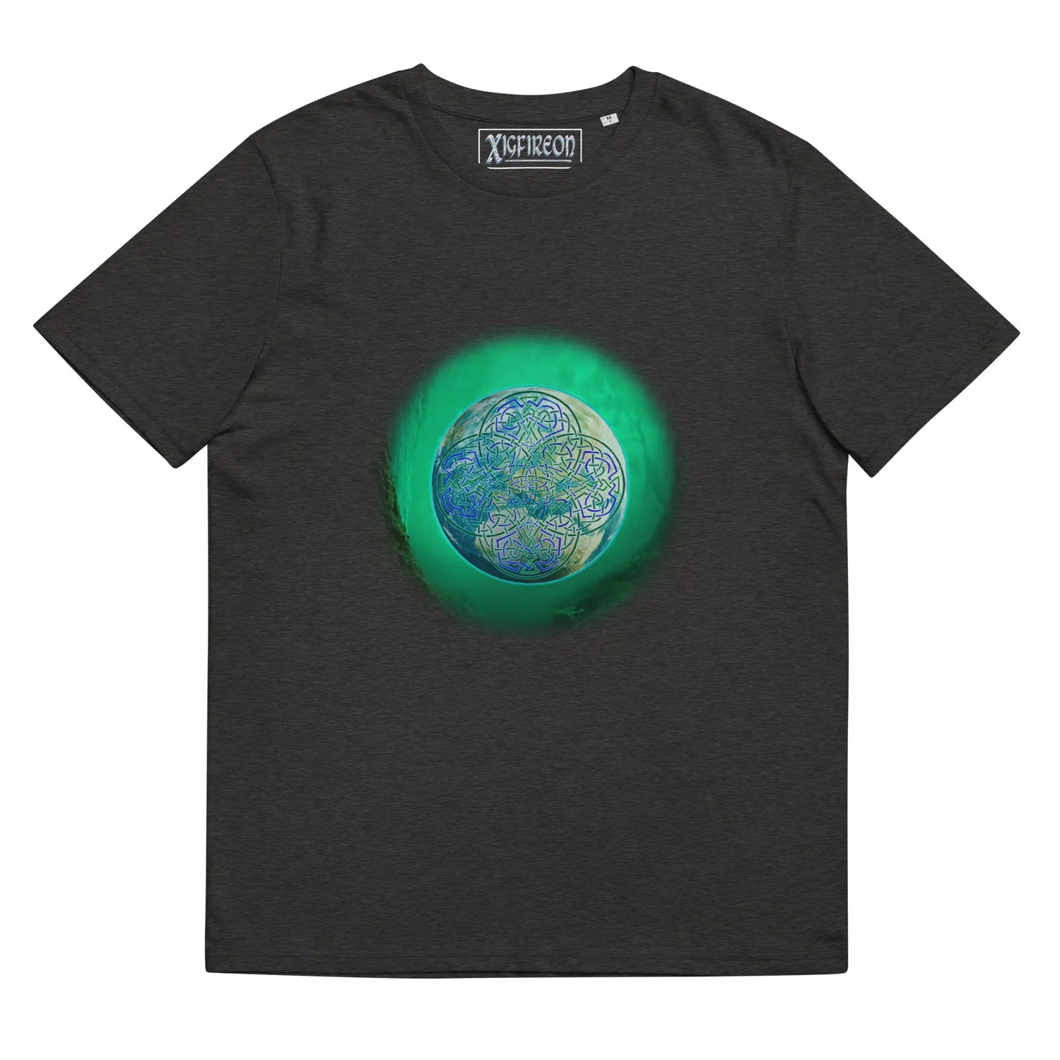 A dark heather grey Xigfireon graphic organic cotton t-shirt featuring the Deep Forest iteration of the Reach Of The Spirit Celtic knot design. The Reach Of The Spirit Celtic knot represents the glorious Earth.