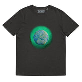 A dark heather grey Xigfireon graphic organic cotton t-shirt featuring the Deep Forest iteration of the Reach Of The Spirit Celtic knot design. The Reach Of The Spirit Celtic knot represents the glorious Earth.