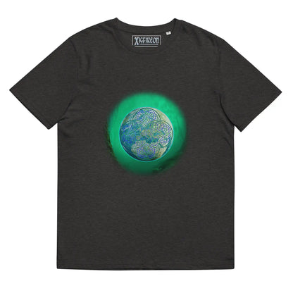 A dark heather grey Xigfireon graphic organic cotton t-shirt featuring the Deep Forest iteration of the Reach Of The Spirit Celtic knot design. The Reach Of The Spirit Celtic knot represents the glorious Earth.