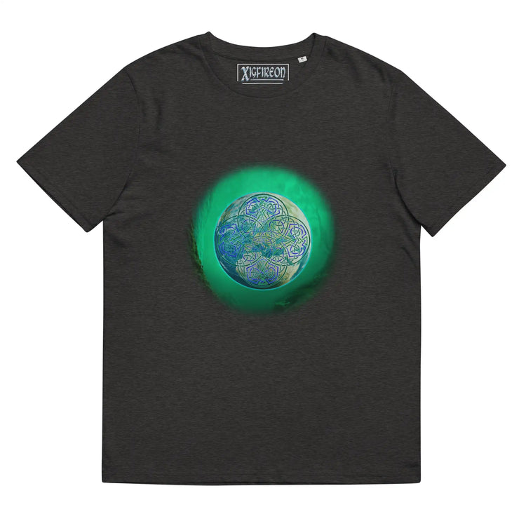 A dark heather grey Xigfireon graphic organic cotton t-shirt featuring the Deep Forest iteration of the Reach Of The Spirit Celtic knot design. The Reach Of The Spirit Celtic knot represents the glorious Earth.