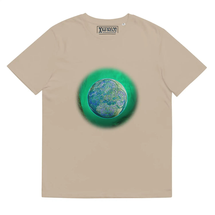A desert dust Xigfireon graphic organic cotton t-shirt featuring the Deep Forest iteration of the Reach Of The Spirit Celtic knot design. The Reach Of The Spirit Celtic knot represents the glorious Earth.