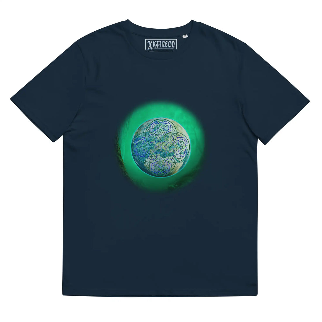 A French navy blue Xigfireon graphic organic cotton t-shirt featuring the Deep Forest iteration of the Reach Of The Spirit Celtic knot design. The Reach Of The Spirit Celtic knot represents the glorious Earth.