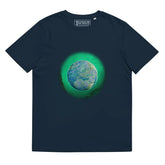A French navy blue Xigfireon graphic organic cotton t-shirt featuring the Deep Forest iteration of the Reach Of The Spirit Celtic knot design. The Reach Of The Spirit Celtic knot represents the glorious Earth.